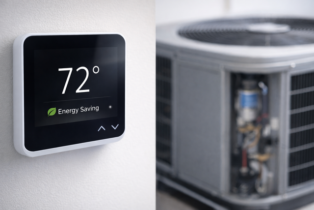 Smart thermostat set to 72° beside an outdoor air conditioner unit