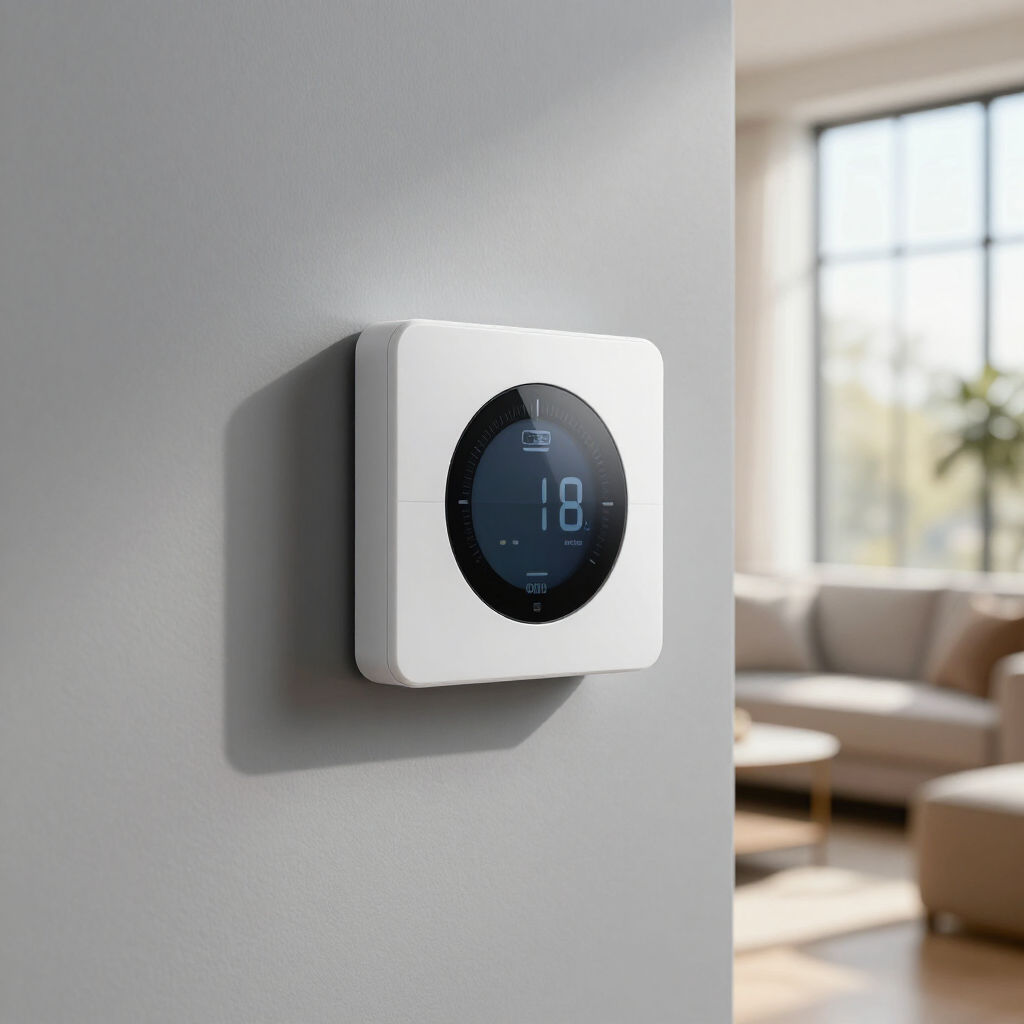 White smart thermostat mounted on a gray wall in a bright modern living room