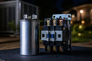 Close-up of an electrical capacitor and relay component on a dark surface, lit softly against a blurred background