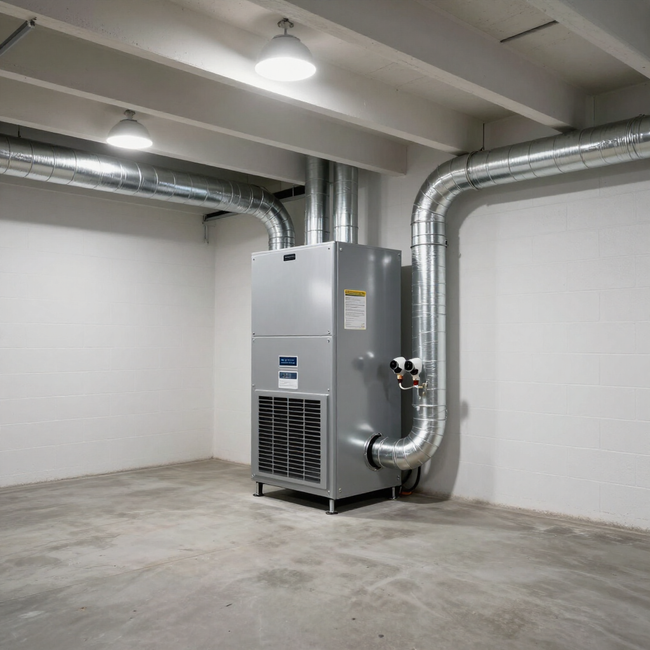 Empty industrial room with a large gray HVAC unit and silver ductwork on a concrete floor