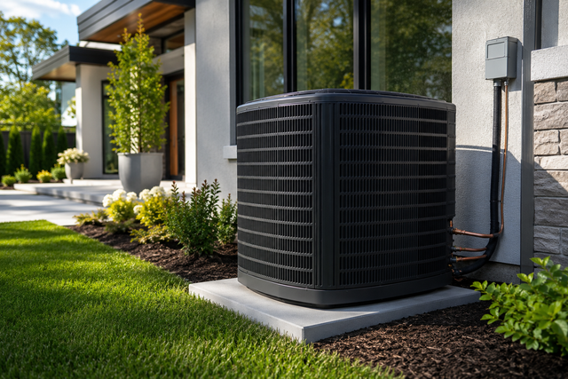 Black outdoor HVAC unit beside a modern house with windows, concrete base, and green lawn