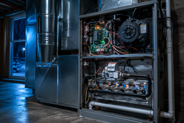 Open server cabinet with exposed electronics and cables in a dim industrial room