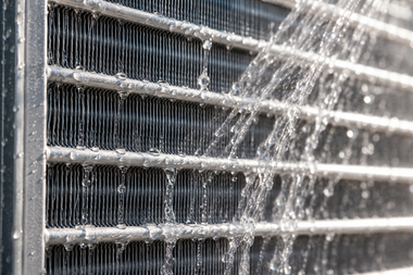 Close-up of a metal radiator or fence being sprayed with water, with droplets streaking across the surface