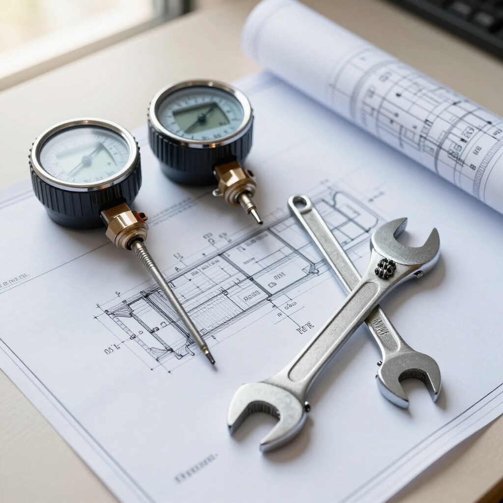 Blueprint with two dial gauges, wrenches, and a rolled technical drawing on a desk