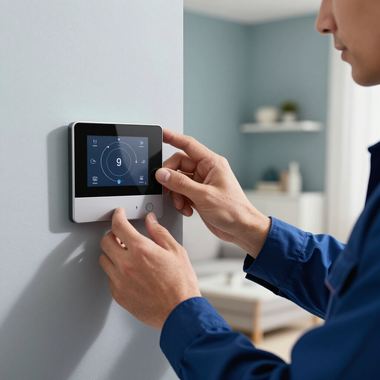 Person adjusting a wall-mounted thermostat touchscreen in a home interior