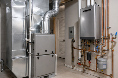 Basement utility room with HVAC furnace, water heater, ductwork, and plumbing pipes.