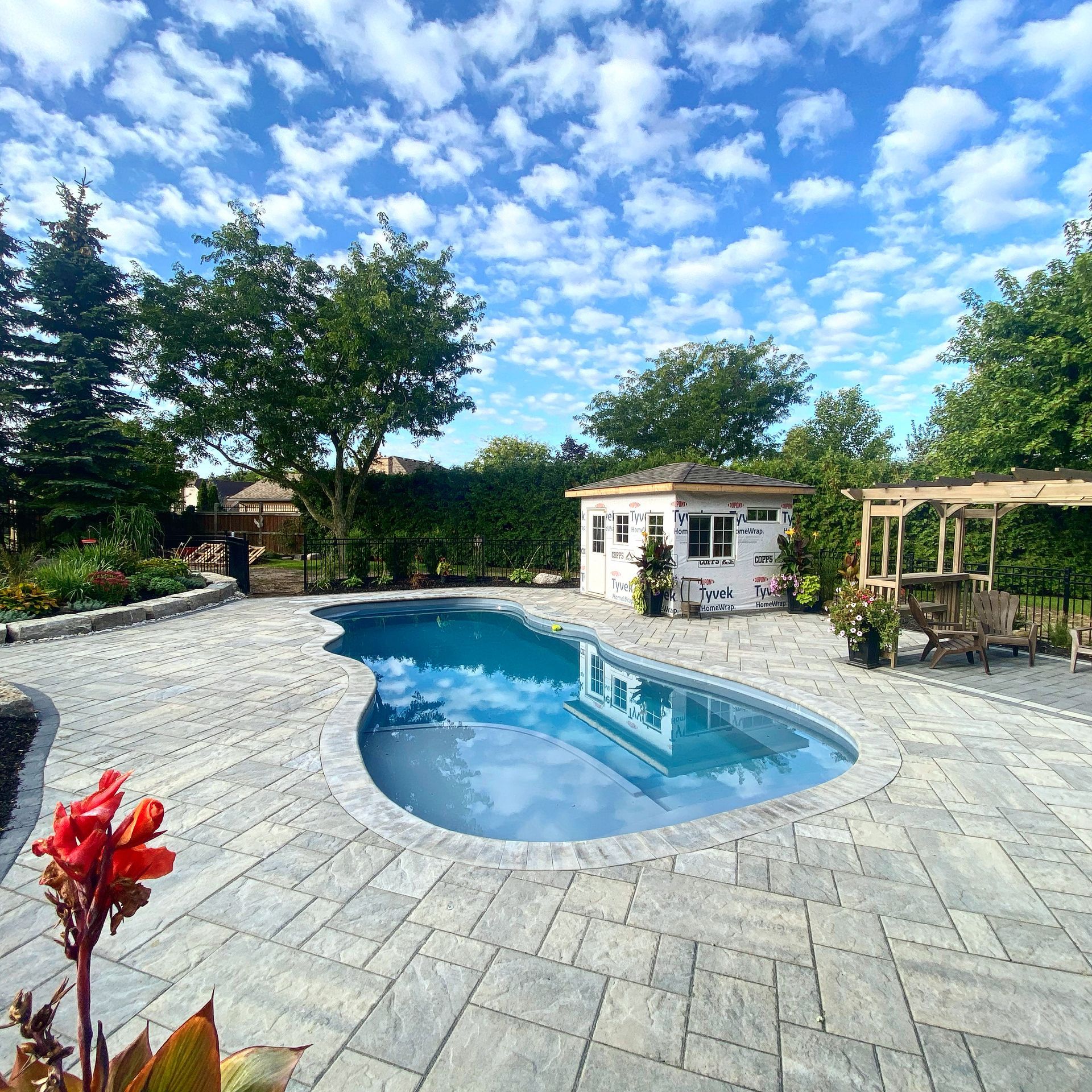 Backyard with a pool, patio, gazebo, and shed under a blue sky with fluffy clouds.