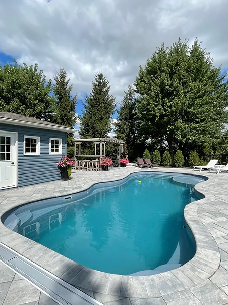 Blue swimming pool surrounded by paved patio. A blue shed and trees are in the background. Sunny day.