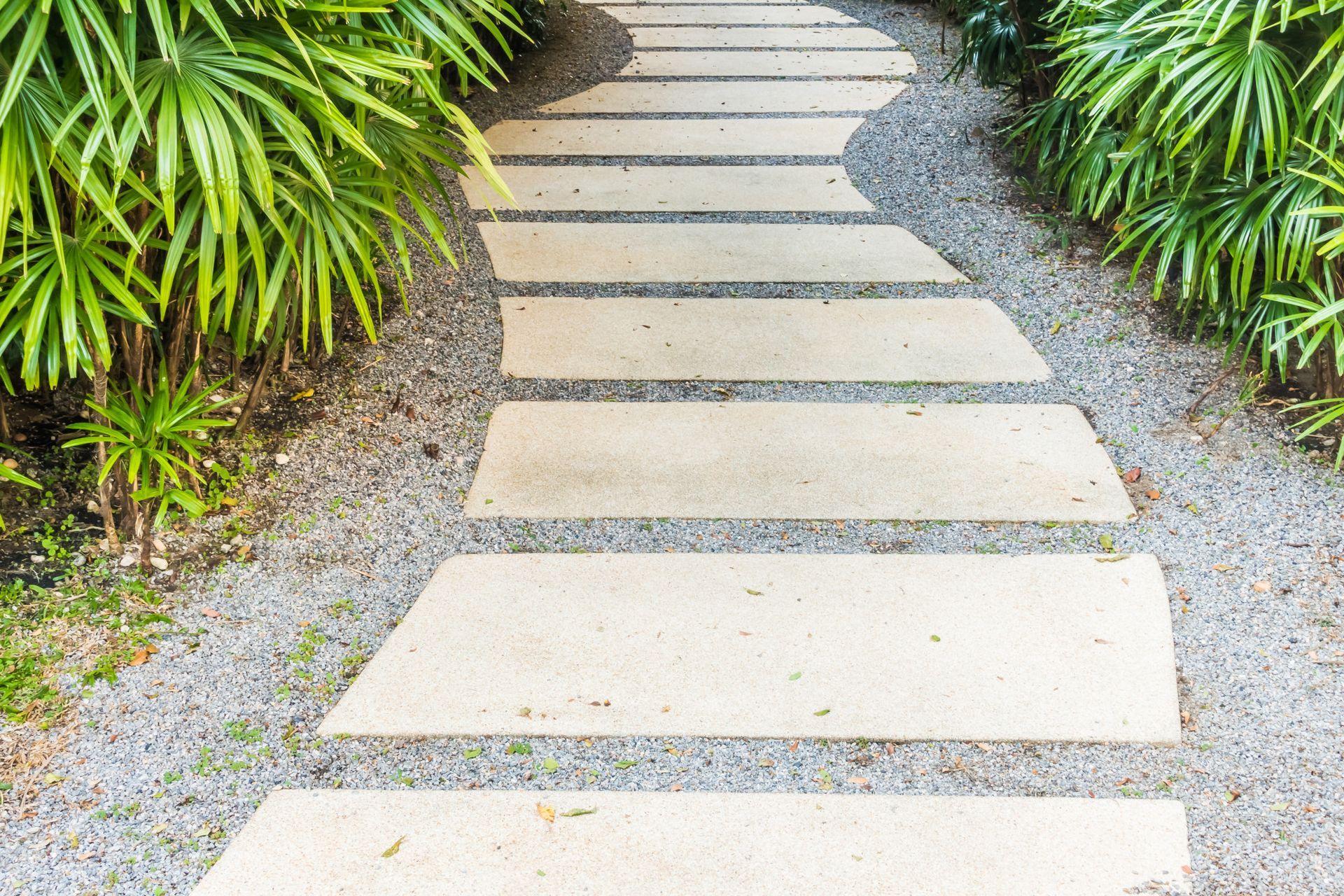 Stone pathway winding through garden, bordered by gravel and lush green plants.