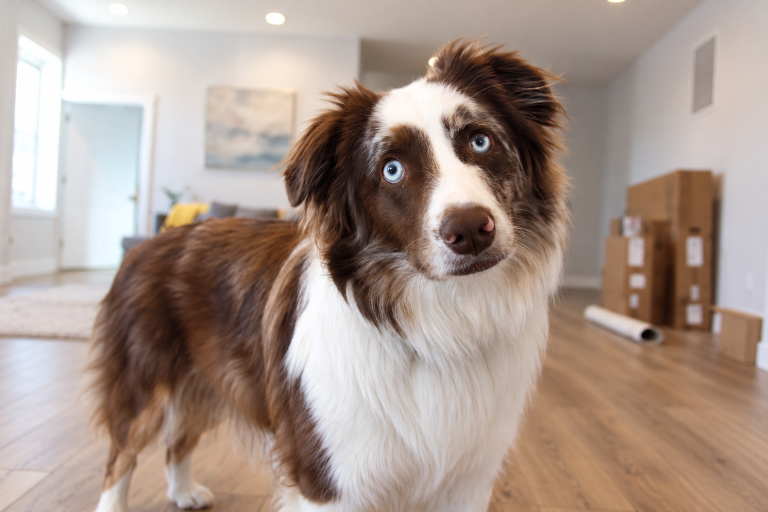Brown and white dog standing in a bright living room, looking at the camera.