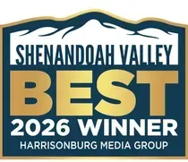 Shenandoah Valley Best 2026 Winner award badge with gold and blue lettering for Harrisonburg Media Group