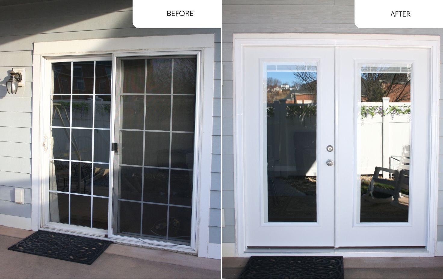 Before-and-after view of a sliding glass door replaced with white French doors on a patio