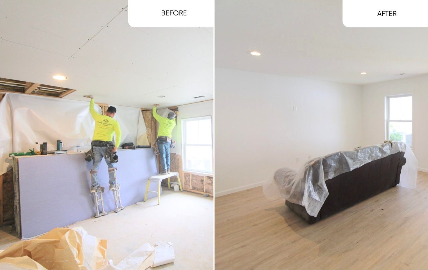 Split-screen before-and-after of a room renovation with workers painting and a finished white living room