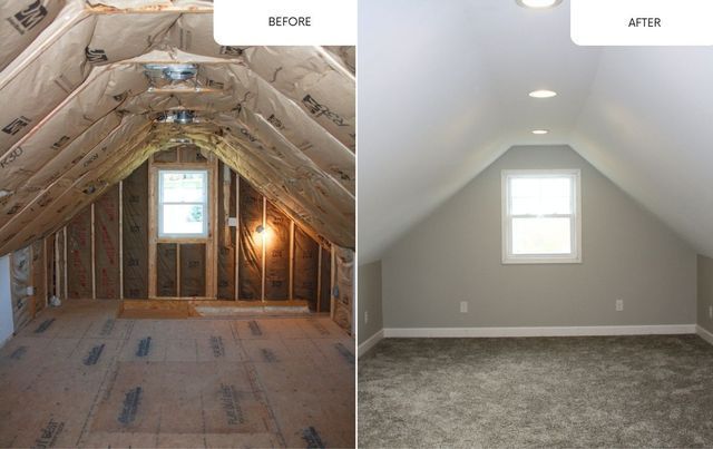 Split before-and-after attic renovation: unfinished insulation on left, finished gray bedroom on right.