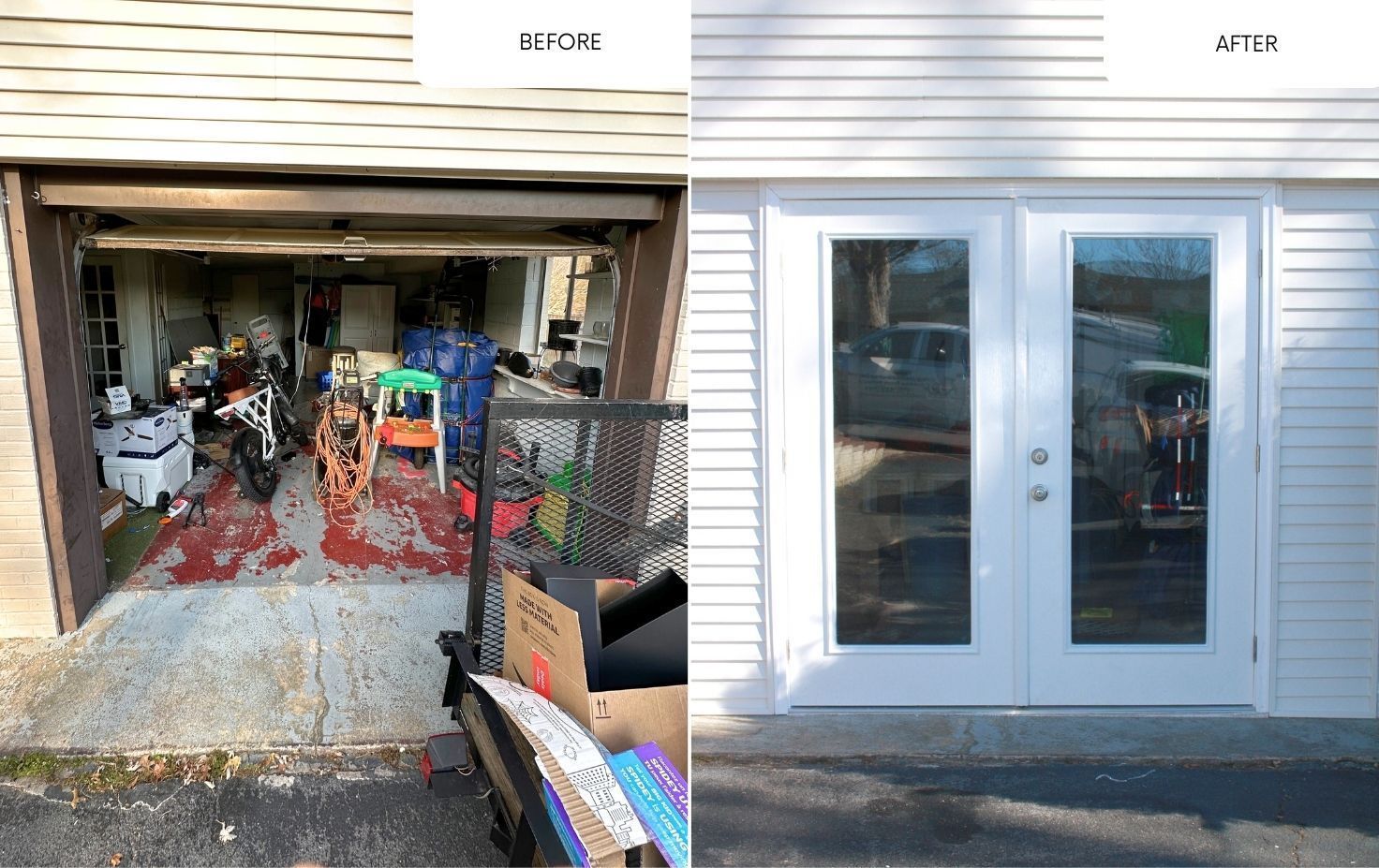 Before-and-after garage renovation: cluttered garage transforms into white French doors.