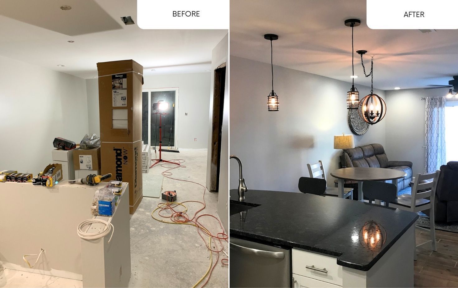 Split view of a home kitchen/dining area before and after renovation, with updated lighting and furnishings