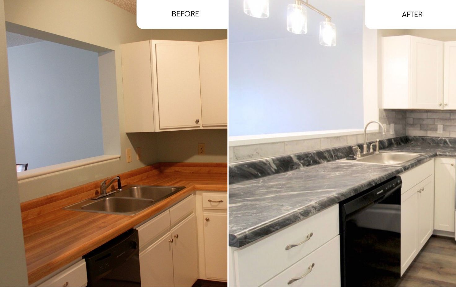 Before-and-after kitchen remodel showing outdated wood counters replaced with white cabinets and marble-look countertops