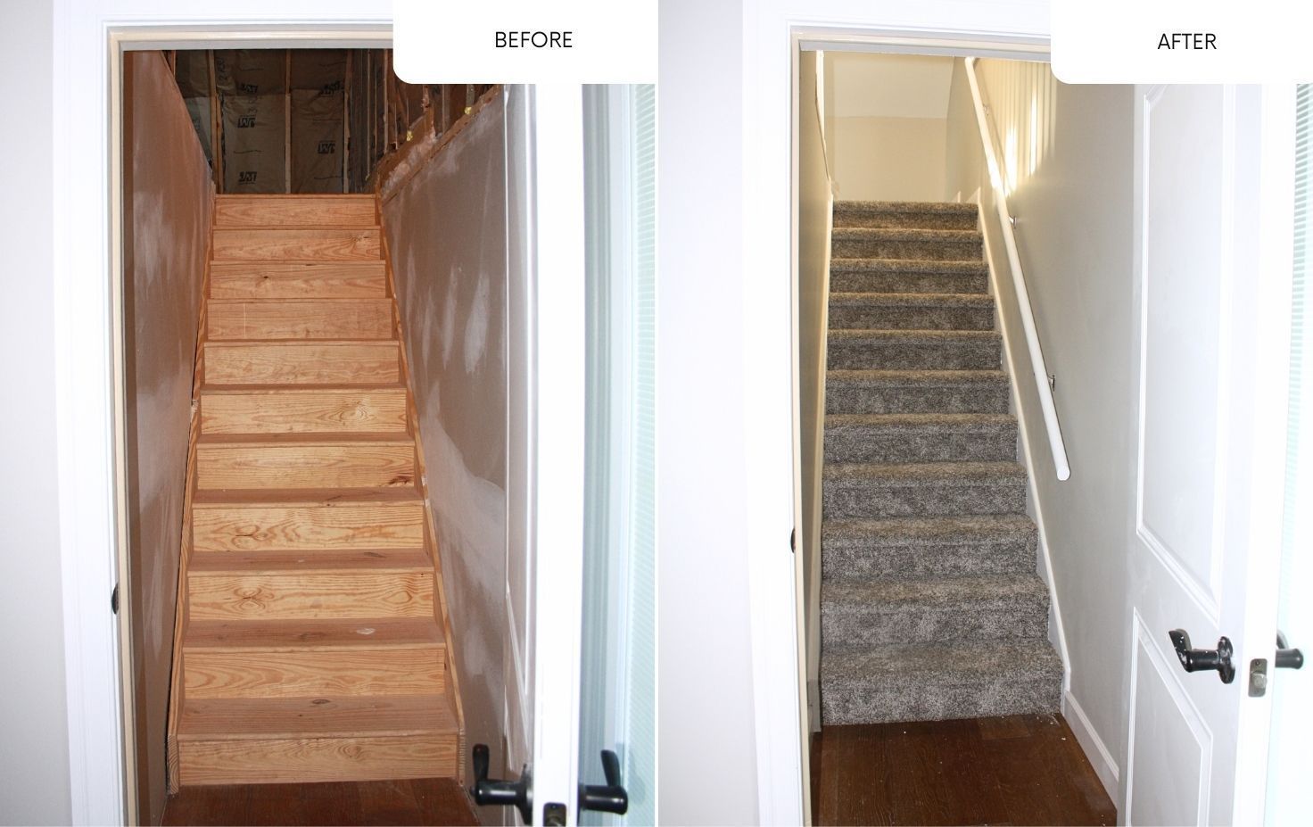 Before-and-after view of a staircase, changing from unfinished wood to carpeted steps in a hallway