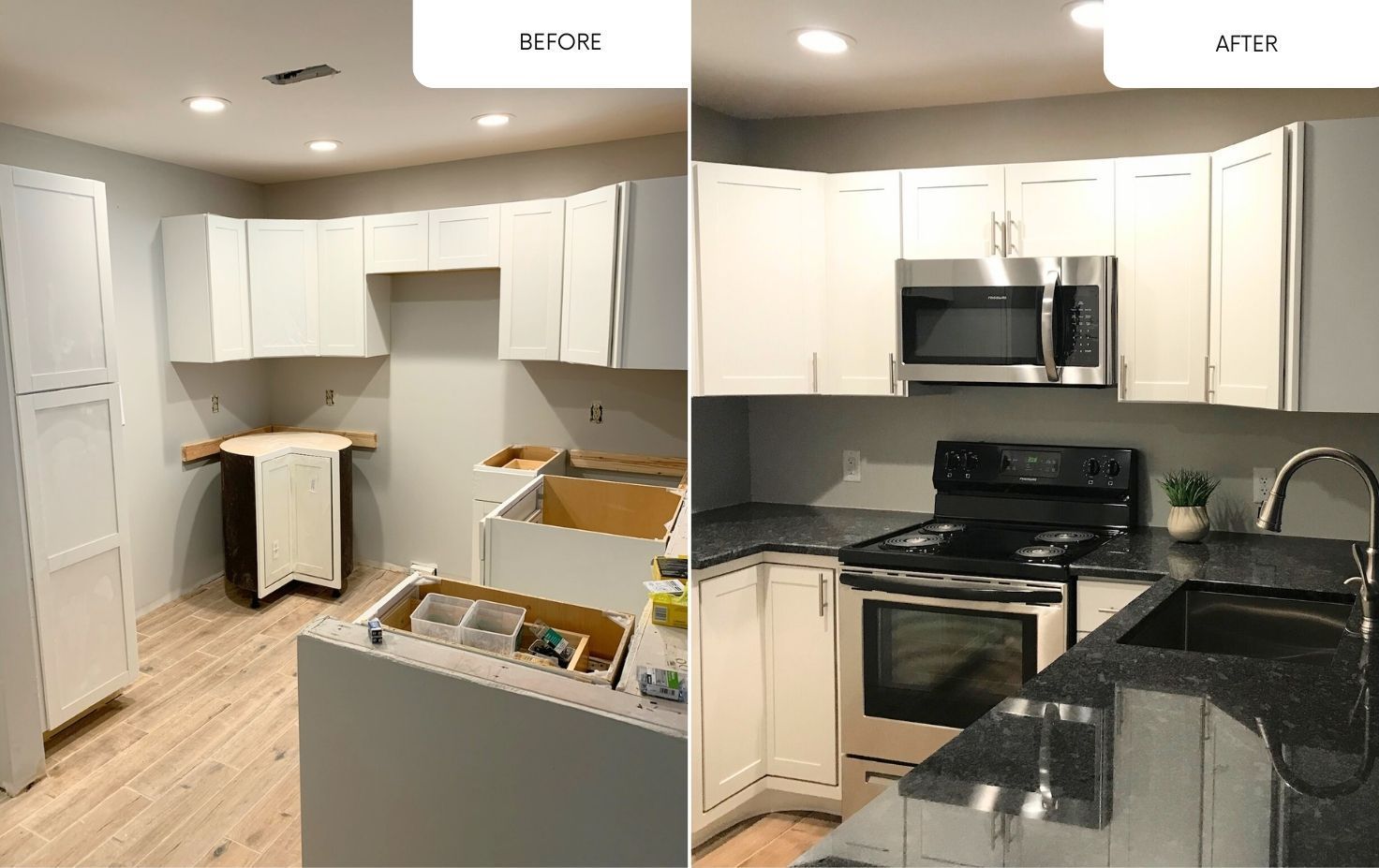 Before-and-after kitchen remodel with white cabinets, dark countertops, and stainless steel appliances