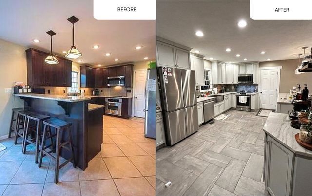 Before-and-after kitchen remodel: dark tiled kitchen transformed into a bright gray modern kitchen