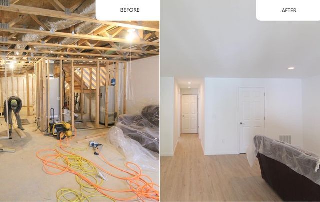 Before-and-after basement renovation: unfinished framing and wiring beside a bright finished room with wood floors.