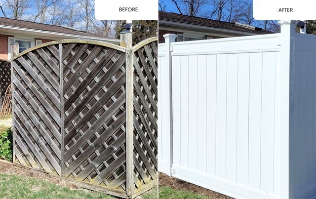 Before-and-after fence makeover: old weathered lattice fence replaced with white vinyl privacy fence.