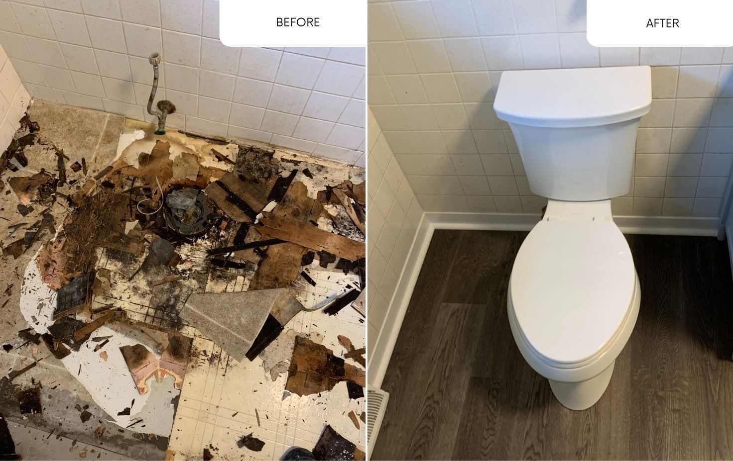 Before-and-after bathroom floor repair: damaged tile on left, new white tile around toilet on right