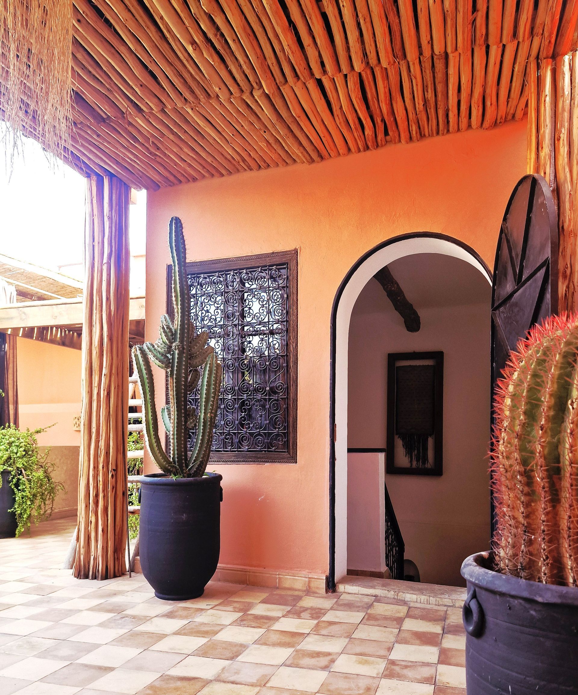 Patio avec murs couleur pêche, porte cintrée, plafond en bois, cactus et sol carrelé