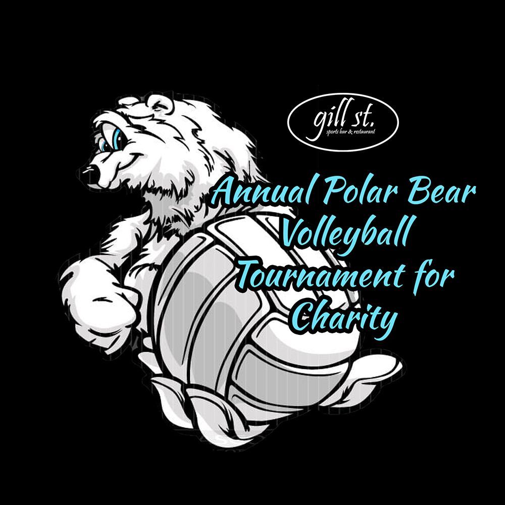 A polar bear is holding a volleyball on a black background.