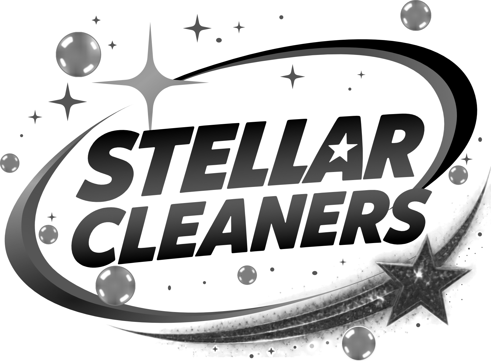 Stellar Cleaners logo with bold black text, sparkles, and sweeping starry arcs on a white background