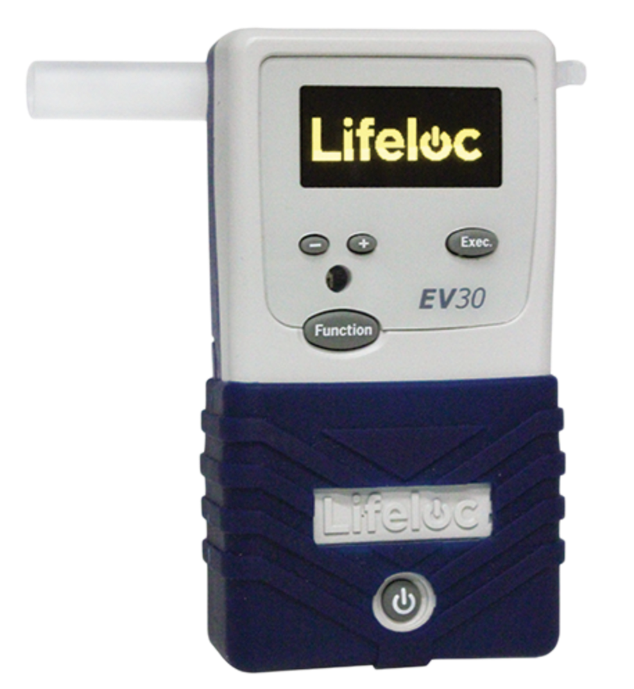 Breathalyzer, printer, and keyboard set for alcohol testing. Blue, black, and gray colors.