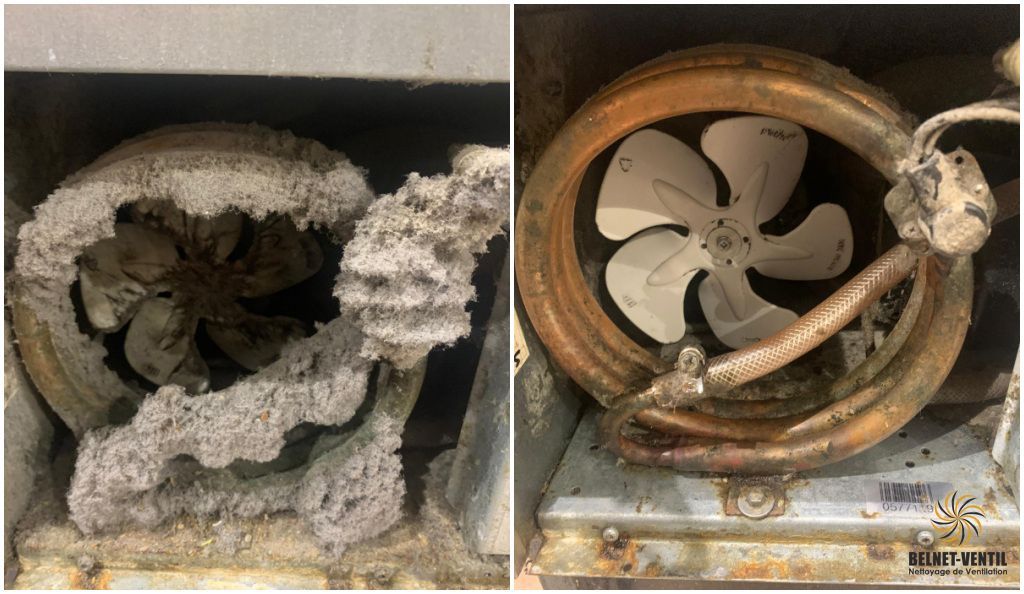 Une photo avant et après d'un ventilateur sale et d'un ventilateur propre.