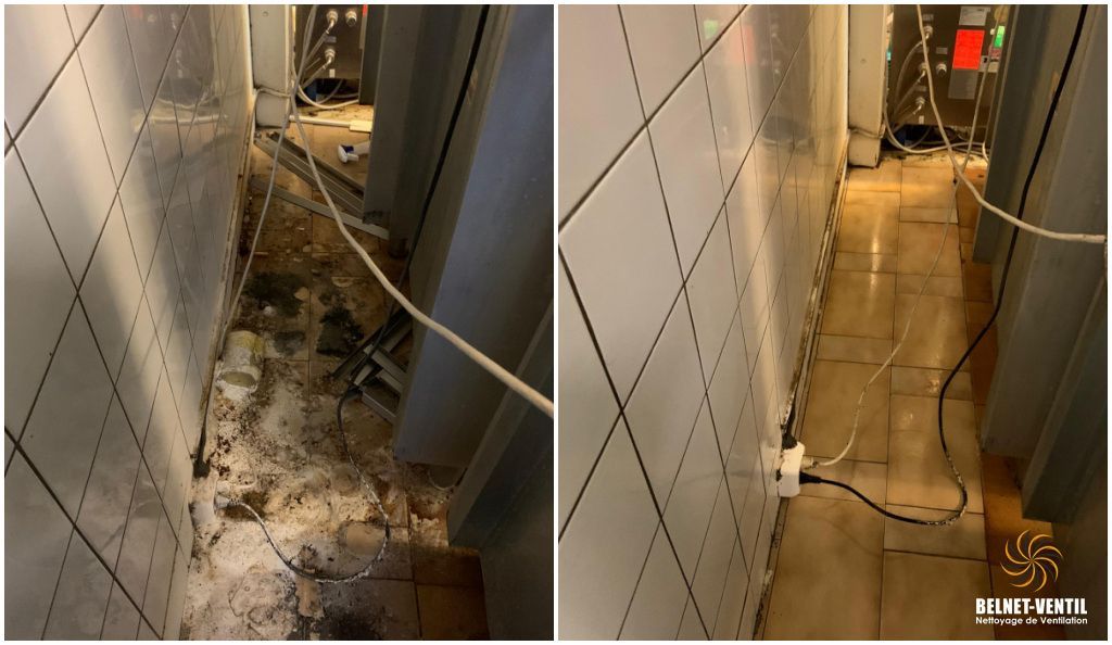 Un couloir sale avec beaucoup de fils suspendus aux murs.
