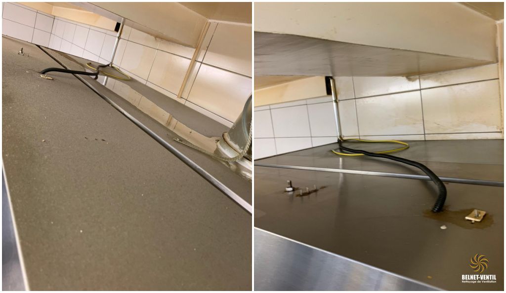 Un collage de deux images d'un plafond avec quelques fils suspendus.