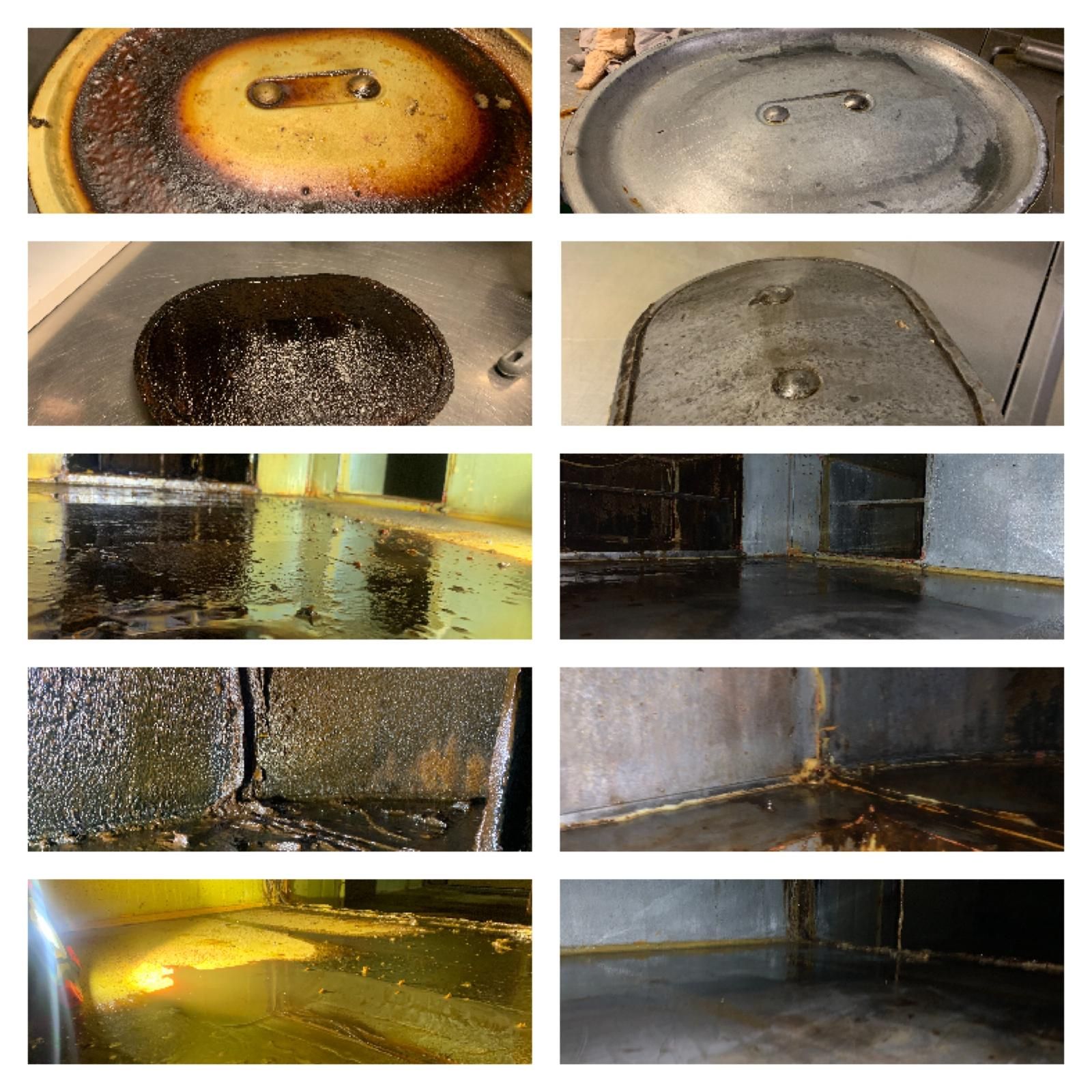Un collage d'images montrant différentes étapes du nettoyage d'une cuisine