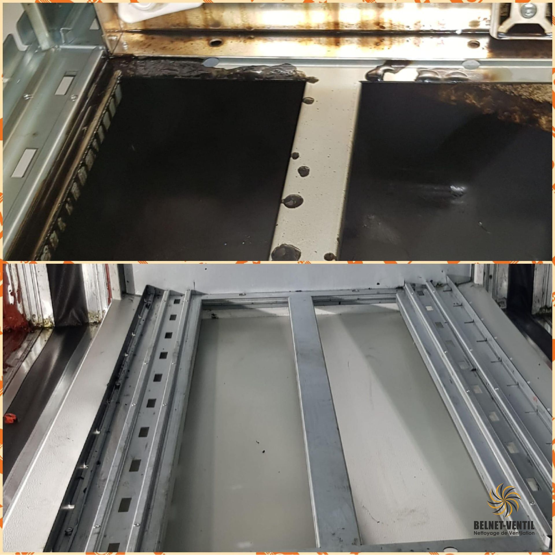 Une photo avant et après d'une porte de four sale