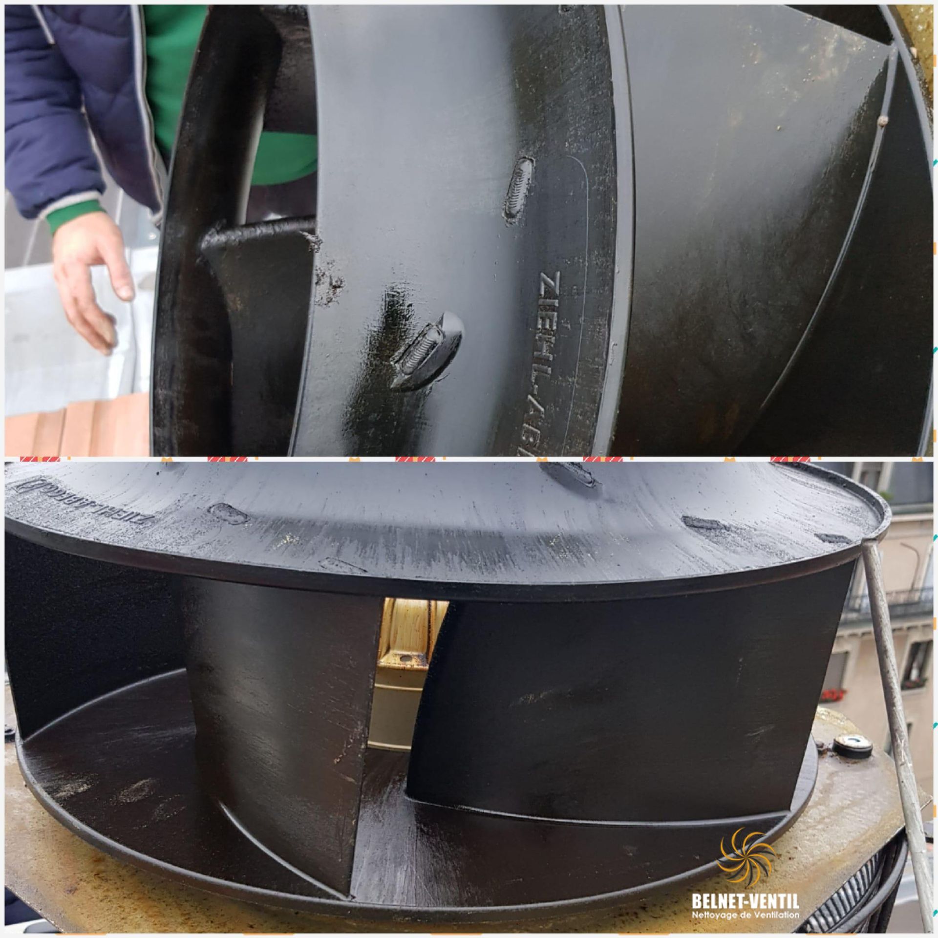 Un homme portant un pull vert se tient à côté d'un grand objet noir.