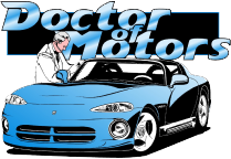 Doctor of Motors logo: mechanic with blue car, doctor coat, black background, light blue logo | Doctor of Motors