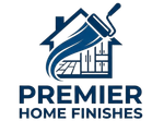 Logo for Premier Home Finishes featuring a house outline, a paint roller, and cabinetry in dark blue on a white background.