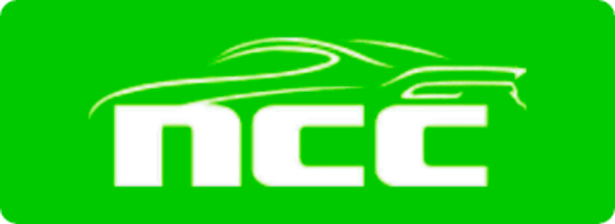 White “ncc” logo on a bright green background with a stylized car outline above it