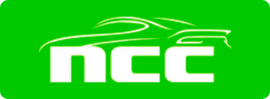 White “ncc” logo on a bright green background with a stylized car outline above it