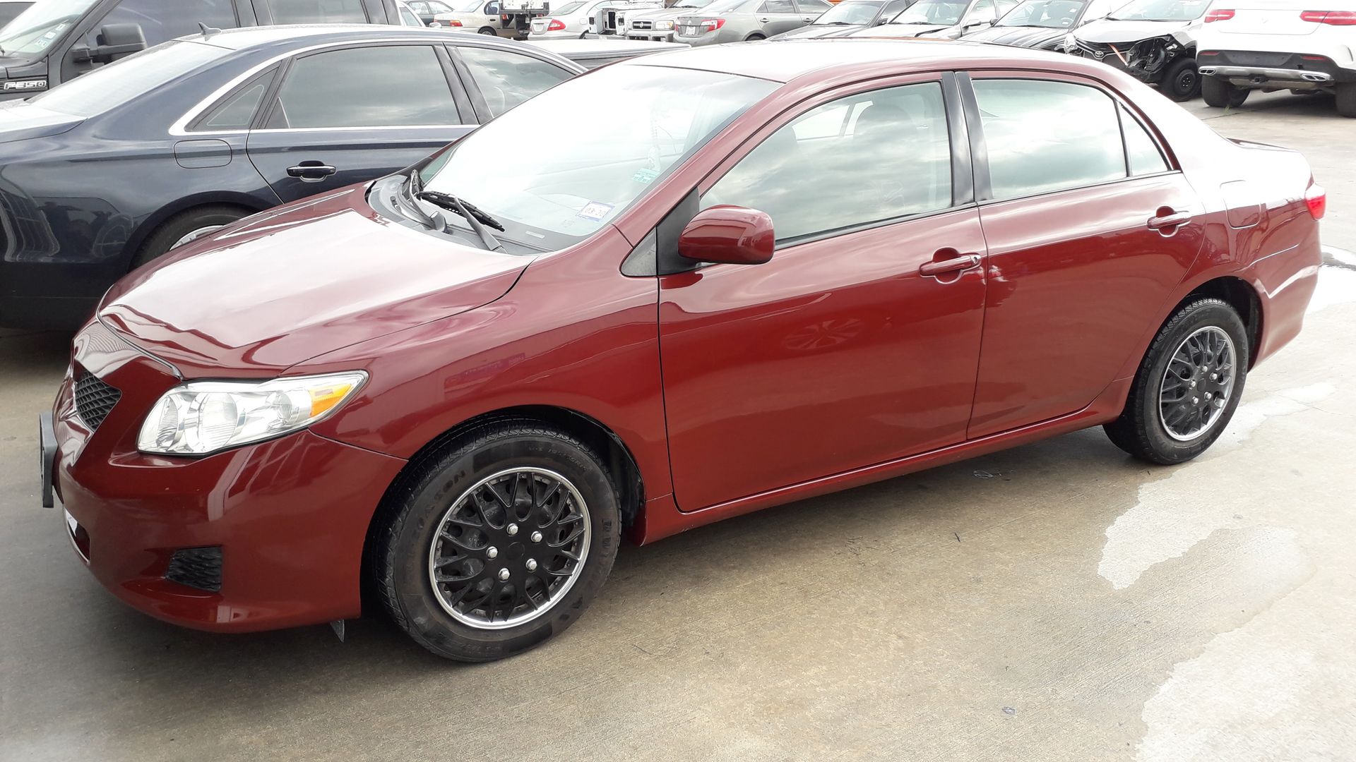 Red sedan parked in a wet lot beside other cars