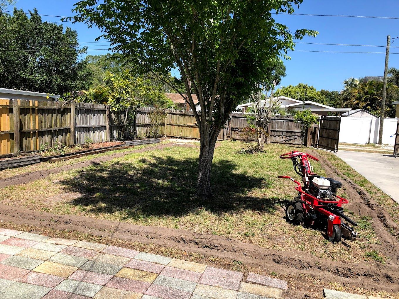 A red lawn mower is parked in a yard next to a tree.