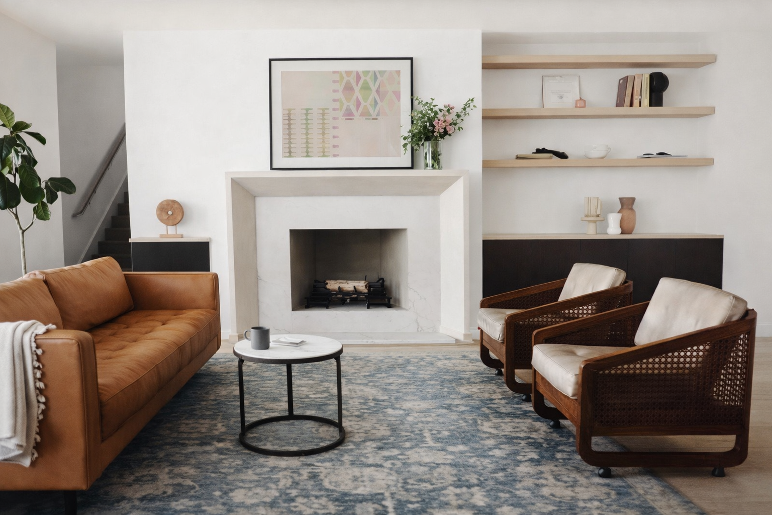 A kitchen with black cabinets and white counter tops