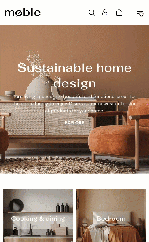 Animation of a mobile website header with a hidden menu. The menu is revealed when the hamburger icon is clicked, displaying navigation options.