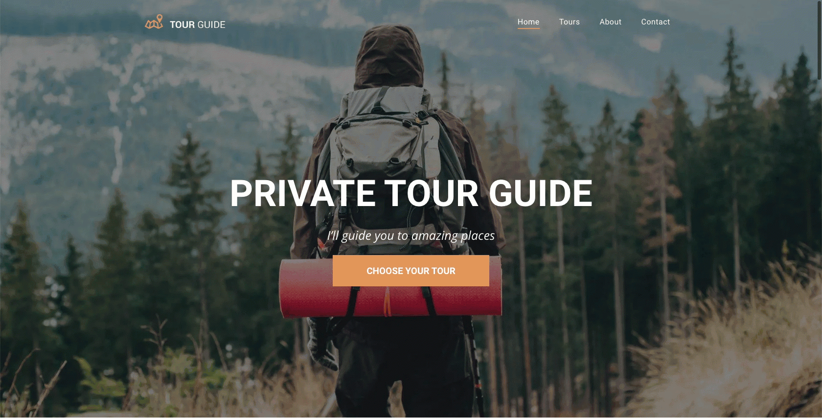 An overlapping header that merges with a scenic view featuring a person with a backpack standing in front of a mountainous landscape using a transparent background that changes for contrast as user scrolls.