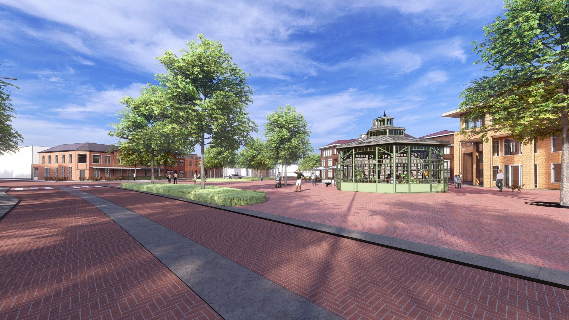 Een impressie van een park met bomen en gebouwen op de achtergrond.