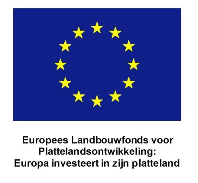 A blue flag with yellow stars and the words europa investeert in zijn platteland
