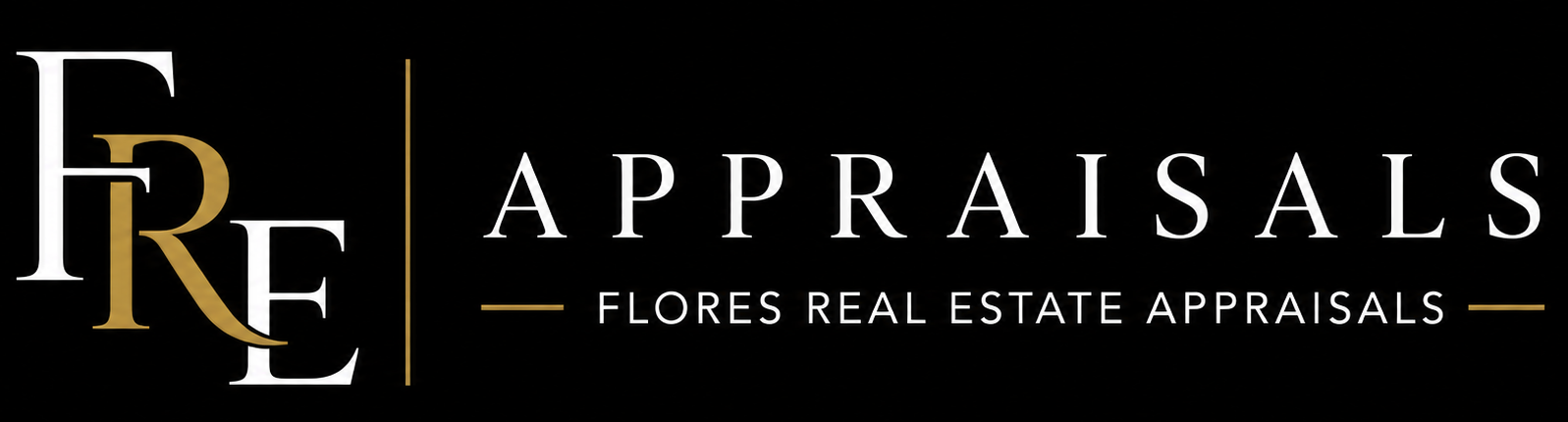 Flores Real Estate Appraisals logo in gold and white on a black background.