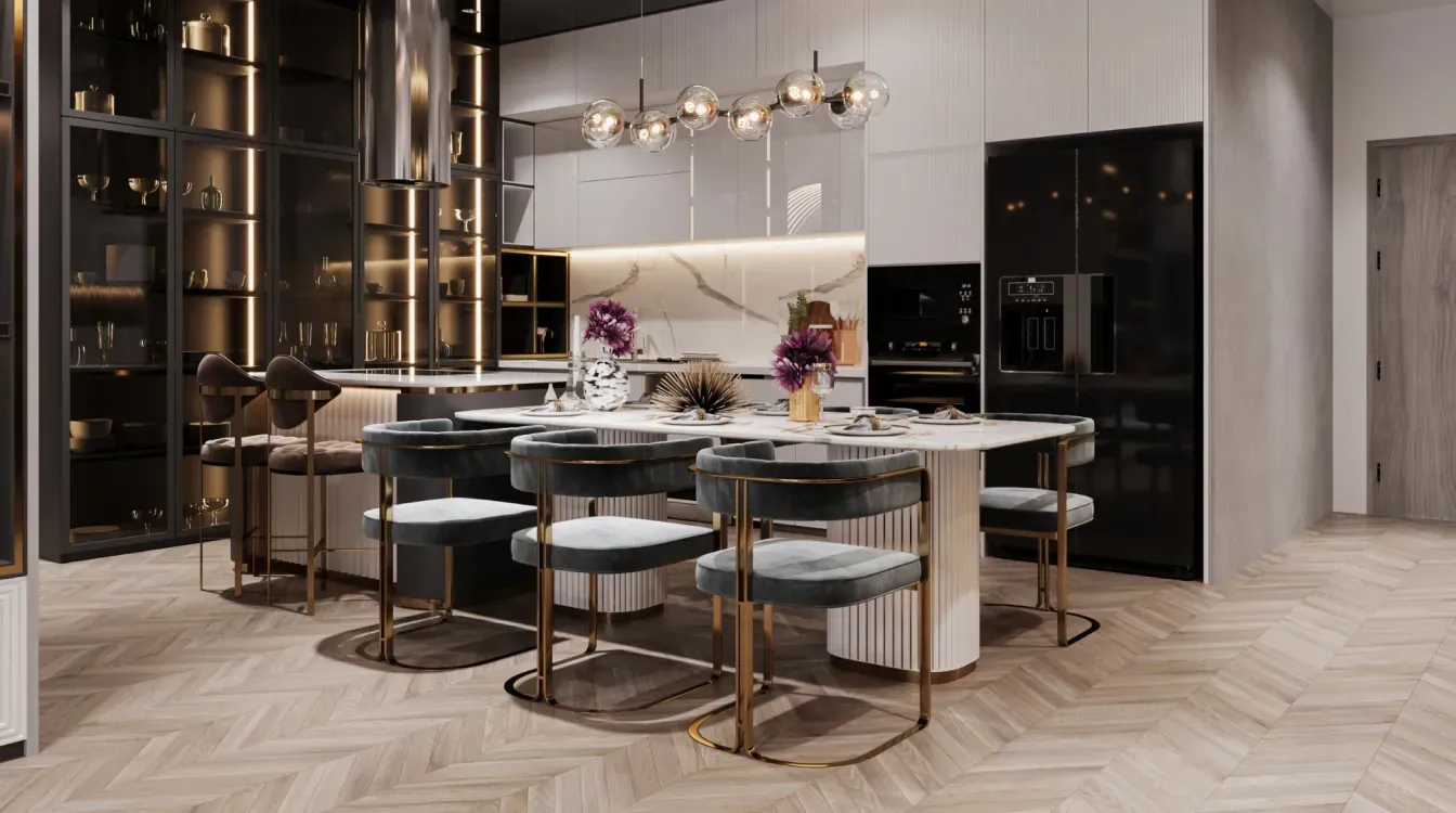 A kitchen with a dining table and chairs in it.